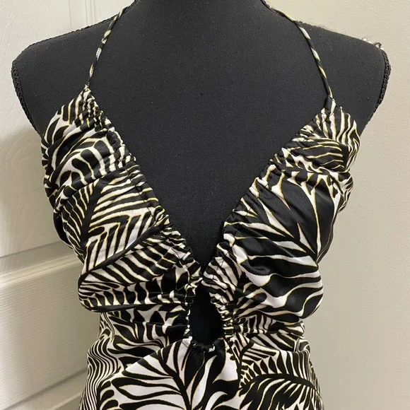 Avec Les Filles Halter Midi Dress Palm Leaf Tropical Size 10 Satin Black Gold - Picture 2 of 13